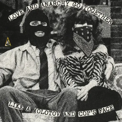 A black-and-white, grainy photo of a person in a balaclava and another in a bandana, with the text: "LOVE AND ANARCHY GO TOGETHER LIKE A MOLOTOV AND COP'S FACE."