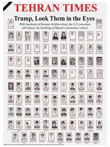 Tehran Times front page featuring a collage of portraits of Iranian children, with the headline "Trump, Look Them in the Eyes" and a caption stating they were killed in a bombing in Minab.