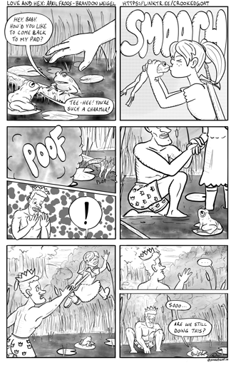 A special bonus page from the Love and Hex comic, featuring a frog turning into a prince. Full transcript: https://crookedgoat.ca/comic/147/#comic-page